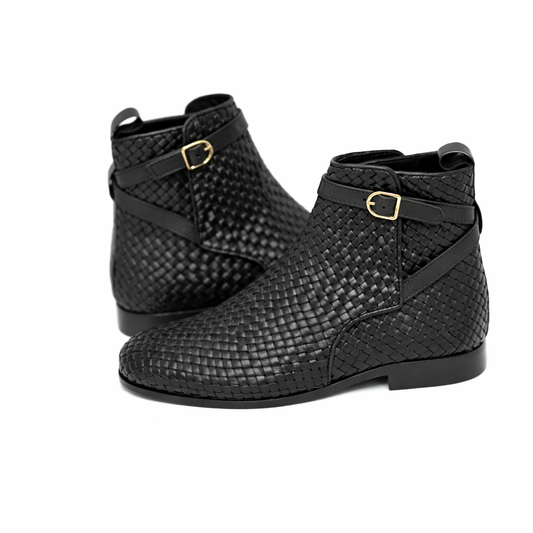 Handmade Black Genuine Woven Leather Boots For Men