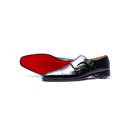 Handmade Black Genuine Leather Double Monk Shoes For Men