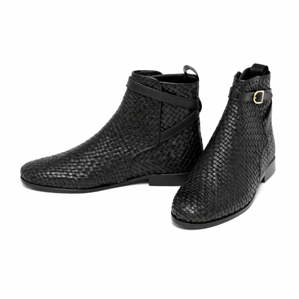 Handmade Black Genuine Woven Leather Boots For Men