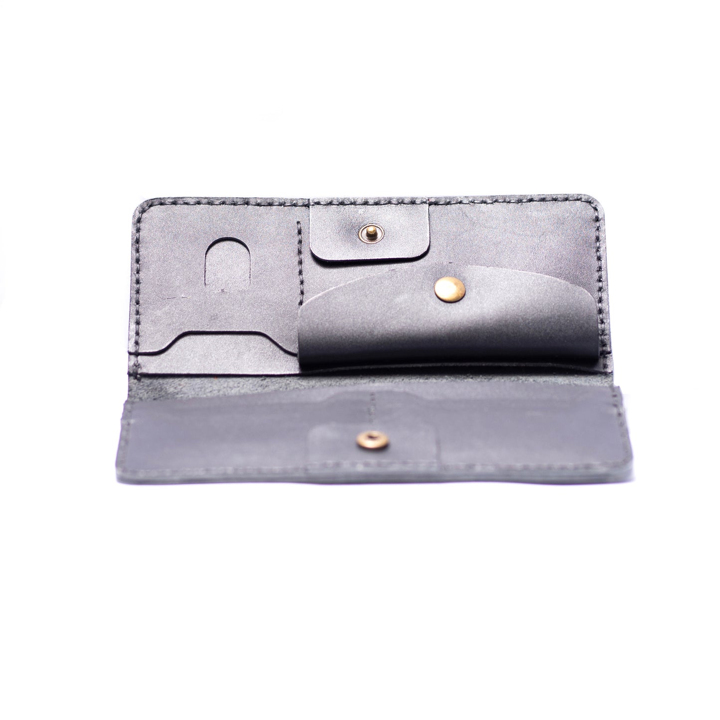 Black Leather Long Wallet with Snap Button Closure