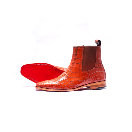 Handmade Leather Croc. Texture Tan Boots For Men