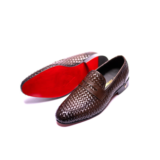 Handmade Brown Genuine Woven Leather Slip On Dress Shoes For Men