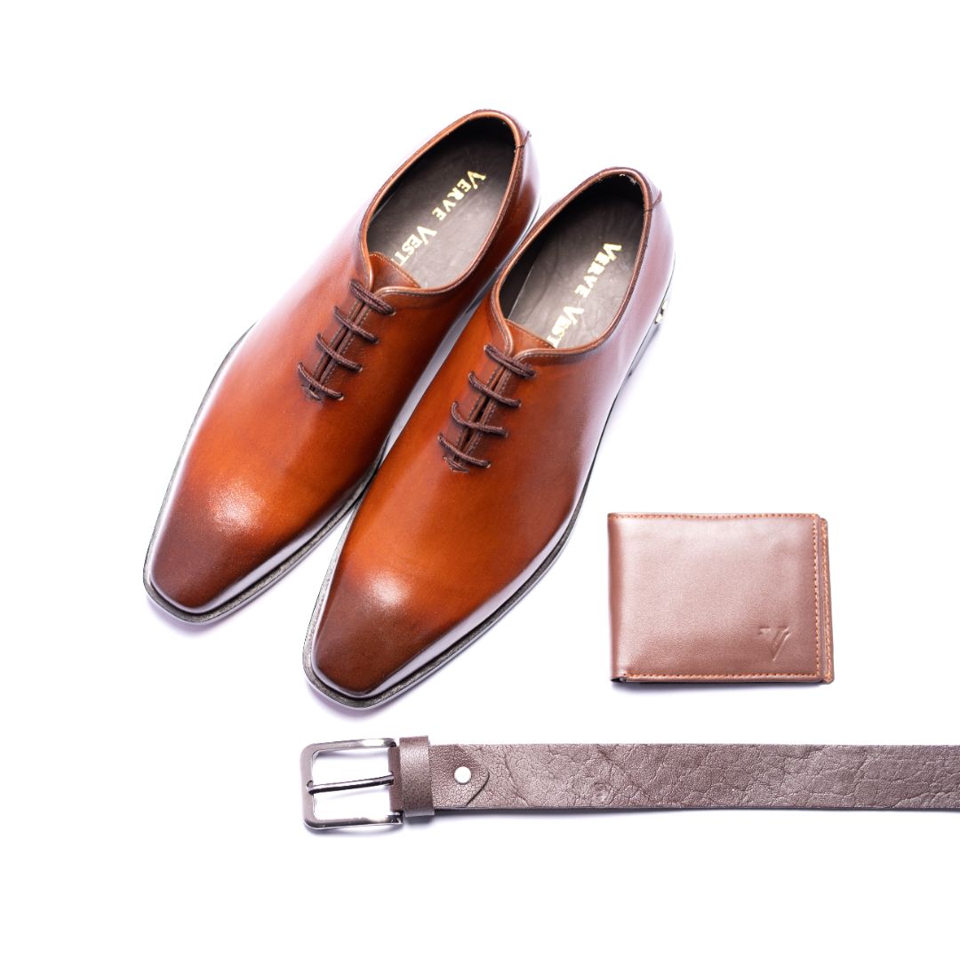 Special: Pack Of 3 Brown Oxford Lace Up Shoes with Matching Belt and Wallet