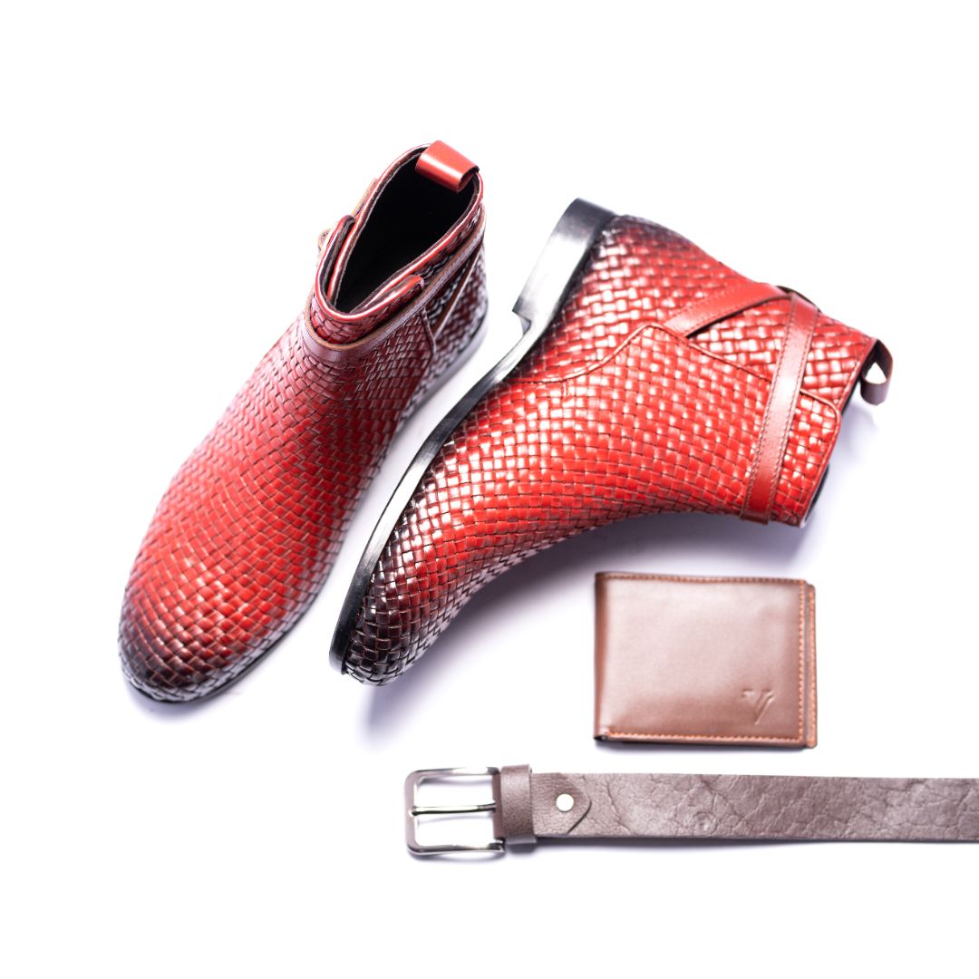 Special: Pack Of 3 Brown Woven Boots with Matching Belt and Wallet