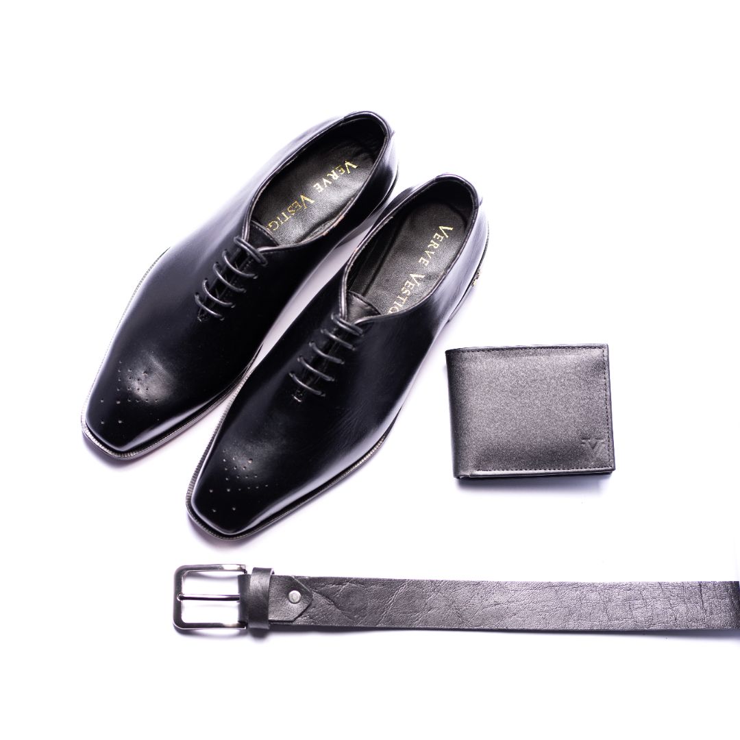 Special: Pack Of 3 Black Oxford Shoes with Matching Belt and Wallet