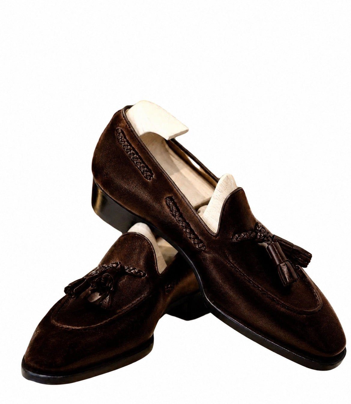Customized Handmade Chocolate Brown Velvet Tessaled Loafers shoes for Steven Smith