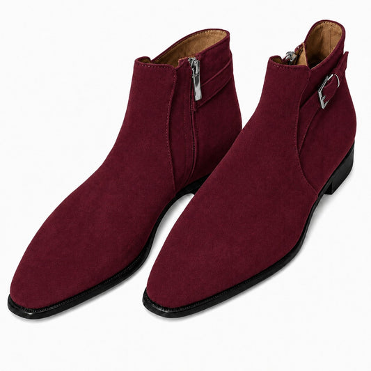 Customized Listing of Handmade Suede Red and Burgundy Zipper Boots for Callistus Emeka Amajoyi