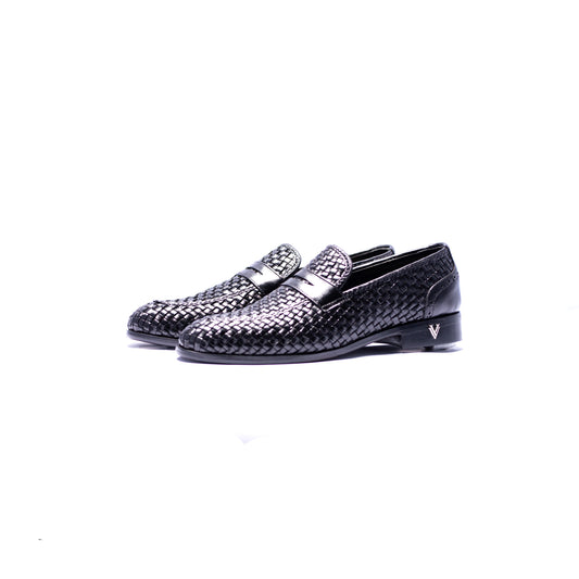 Handmade Black Genuine Woven Leather Slip On Dress Shoes For Men