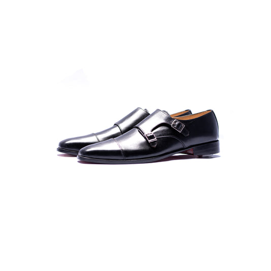 Handmade Black Genuine Leather Double Monk Shoes For Men