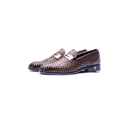 Handmade Brown Genuine Woven Leather Slip On Dress Shoes For Men