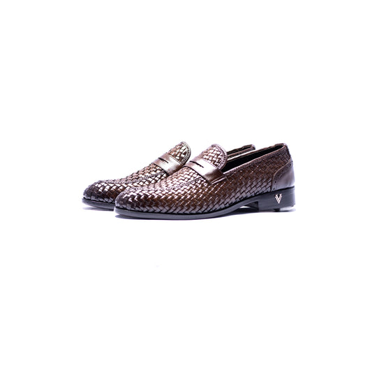 Handmade Brown Genuine Woven Leather Slip On Dress Shoes For Men