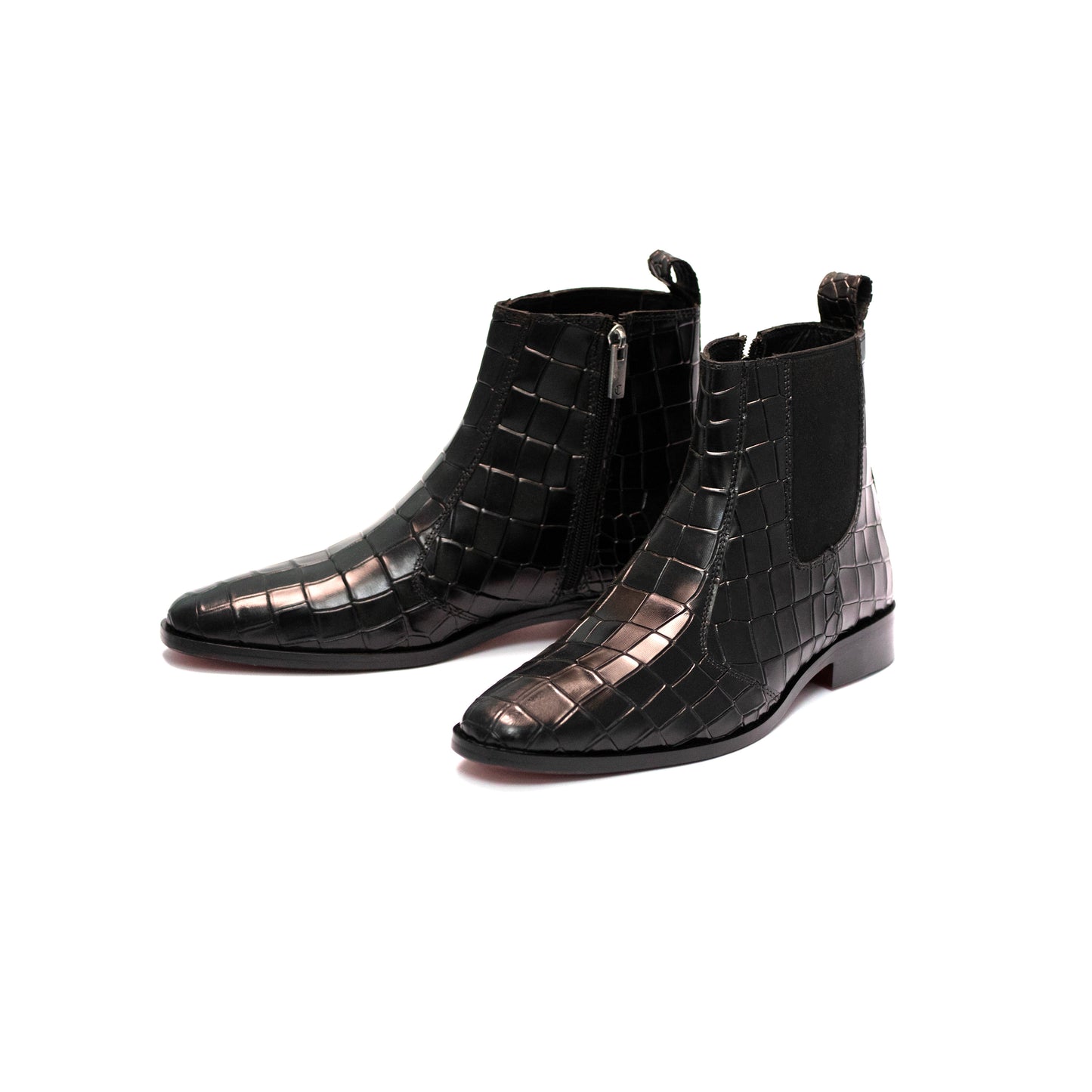 Handmade Leather Croc. Texture Black Boots For Men