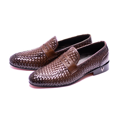 Handmade Brown Genuine Woven Leather Slip On Dress Shoes For Men