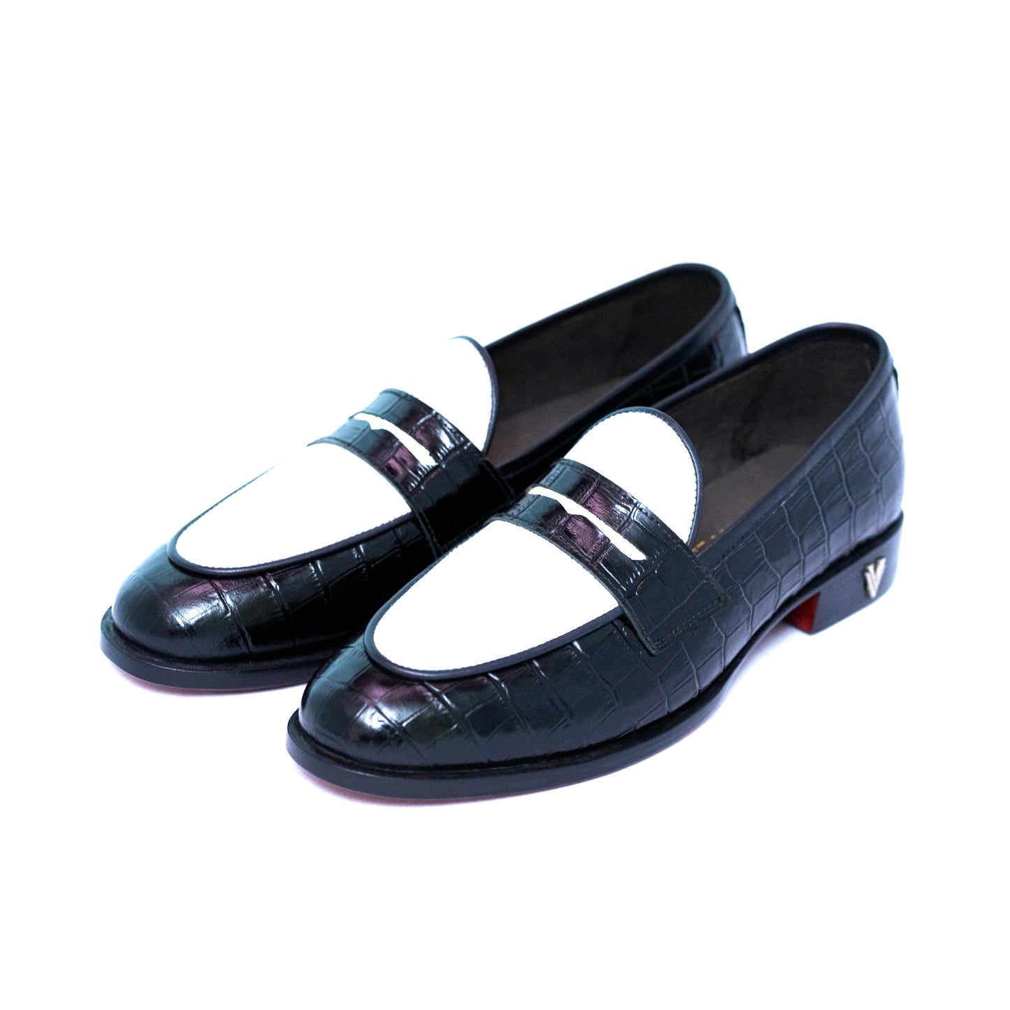 Handmade Croc. Text. Leather Black & White Slip On Dress Shoes For Men