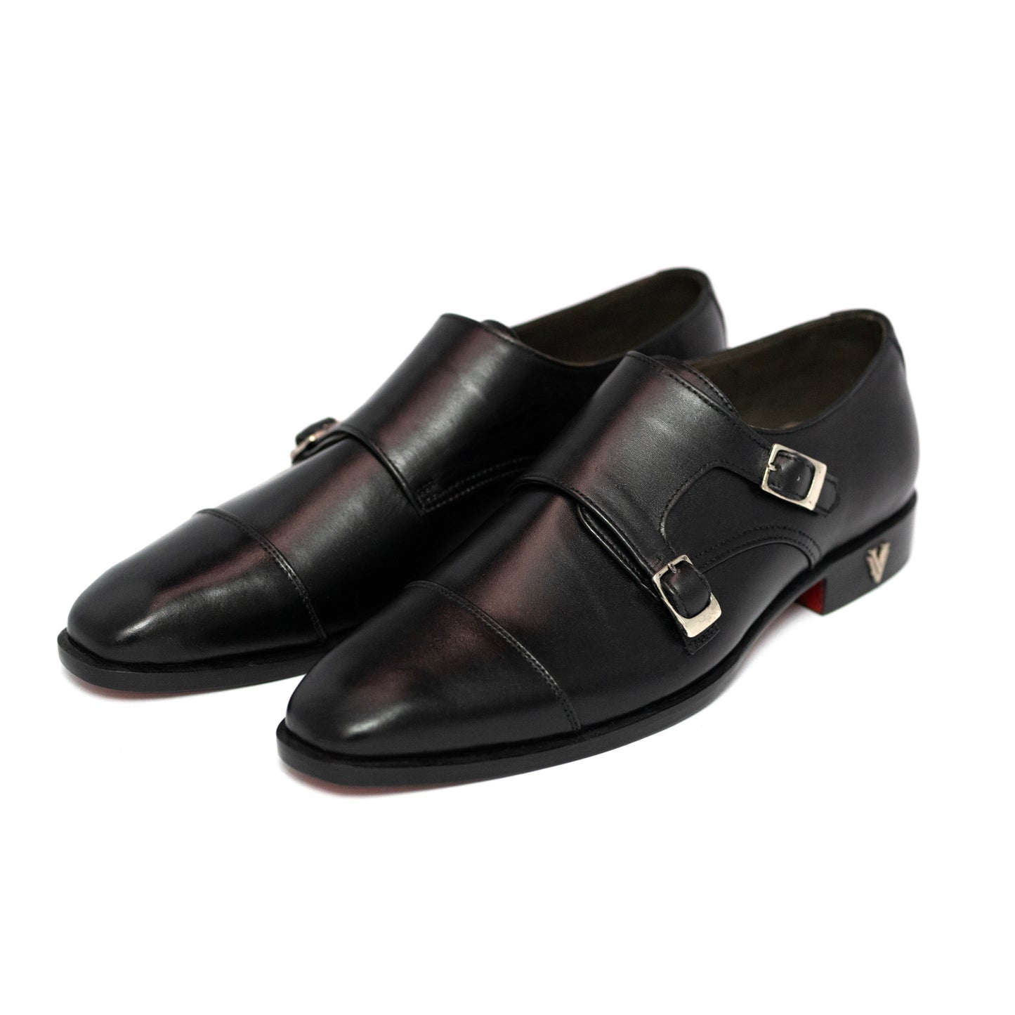 Handmade Black Genuine Leather Double Monk Shoes For Men
