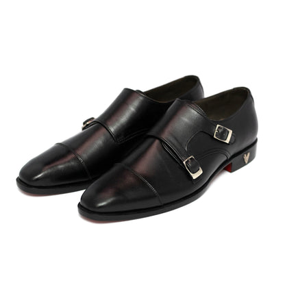 Handmade Black Genuine Leather Double Monk Shoes For Men