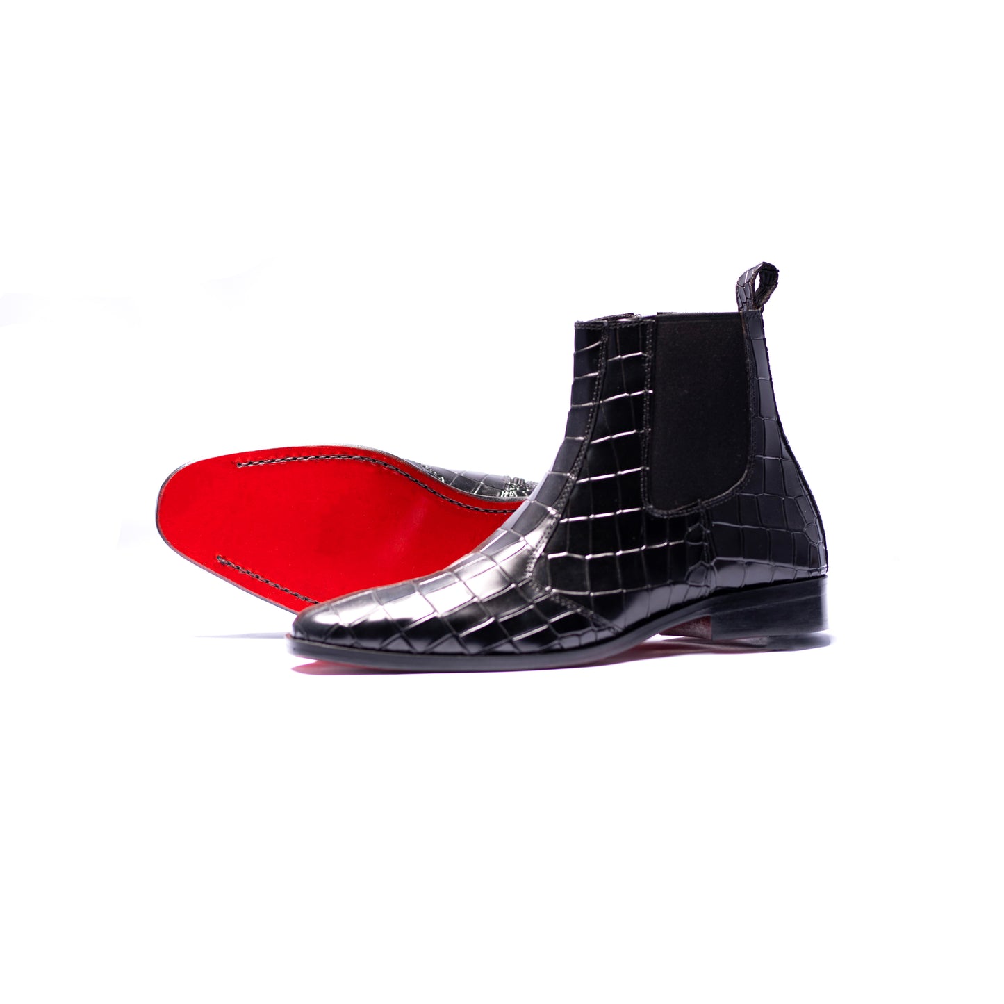 Handmade Leather Croc. Texture Black Boots For Men