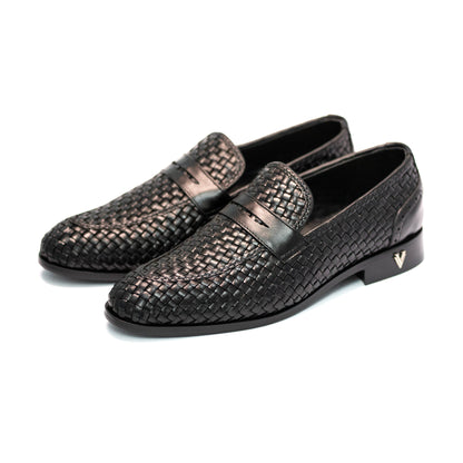 Handmade Black Genuine Woven Leather Slip On Dress Shoes For Men