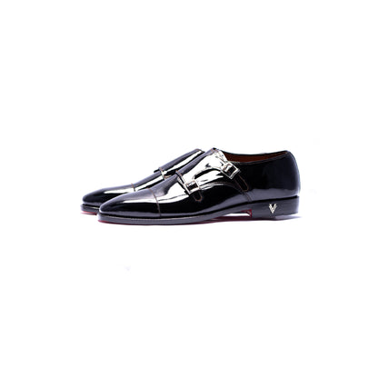 Handmade Black Patent Genuine Leather Double Monk Shoes For Men