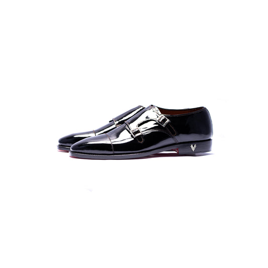 Handmade Black Patent Genuine Leather Double Monk Shoes For Men