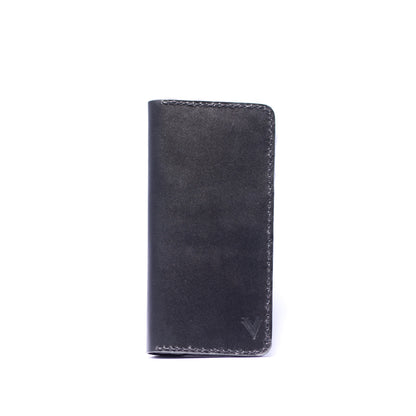 Black Leather Long Wallet with Snap Button Closure