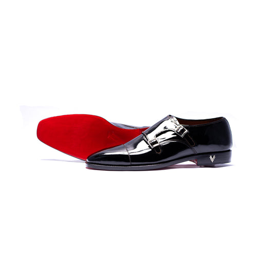 Handmade Black Patent Genuine Leather Double Monk Shoes For Men