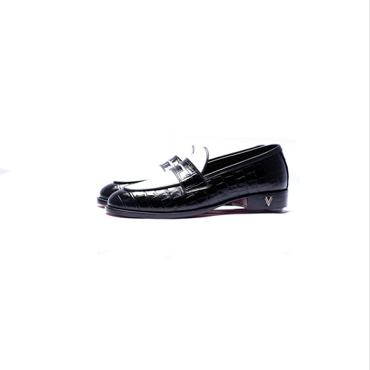 Handmade Croc. Text. Leather Black & White Slip On Dress Shoes For Men