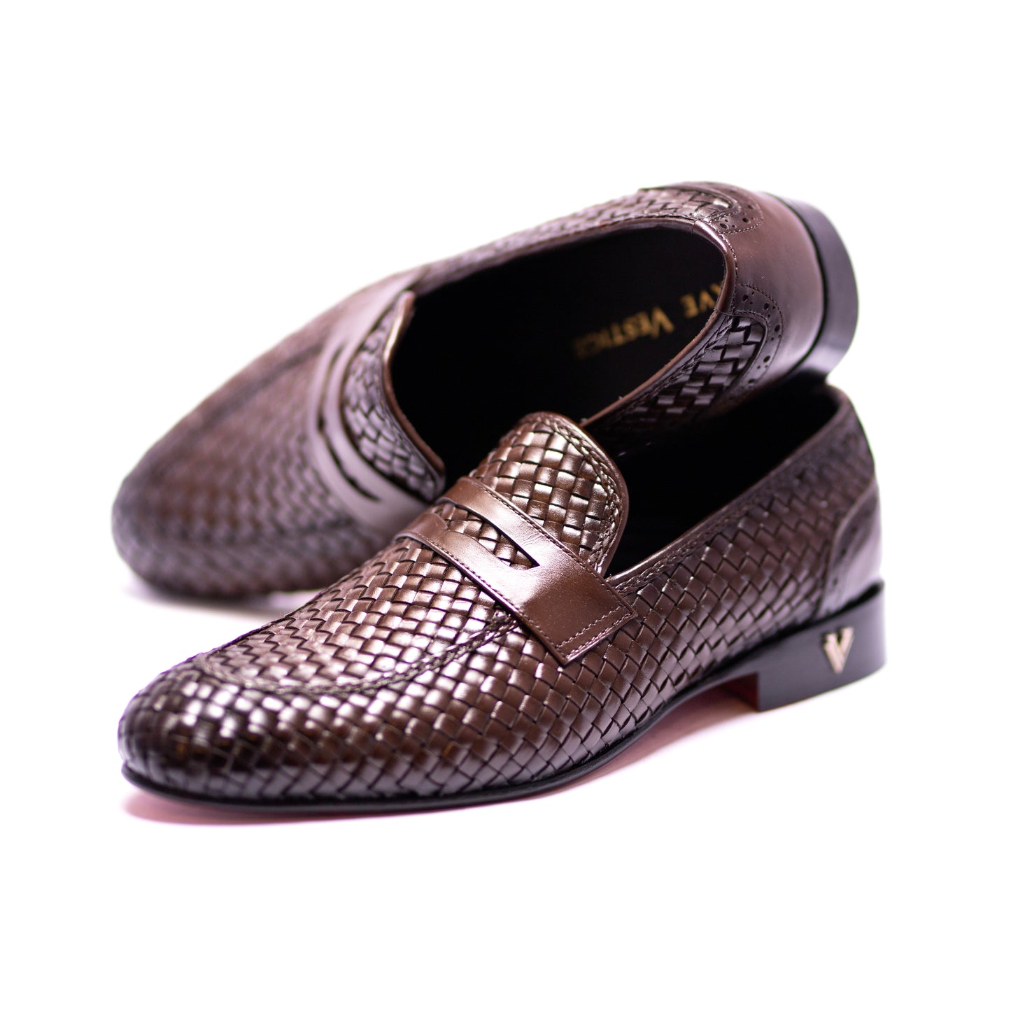 Handmade Brown Genuine Woven Leather Slip On Dress Shoes For Men