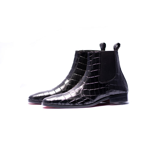 Handmade Leather Croc. Texture Black Boots For Men