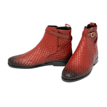 Handmade Brown Woven Leather Boots For Men