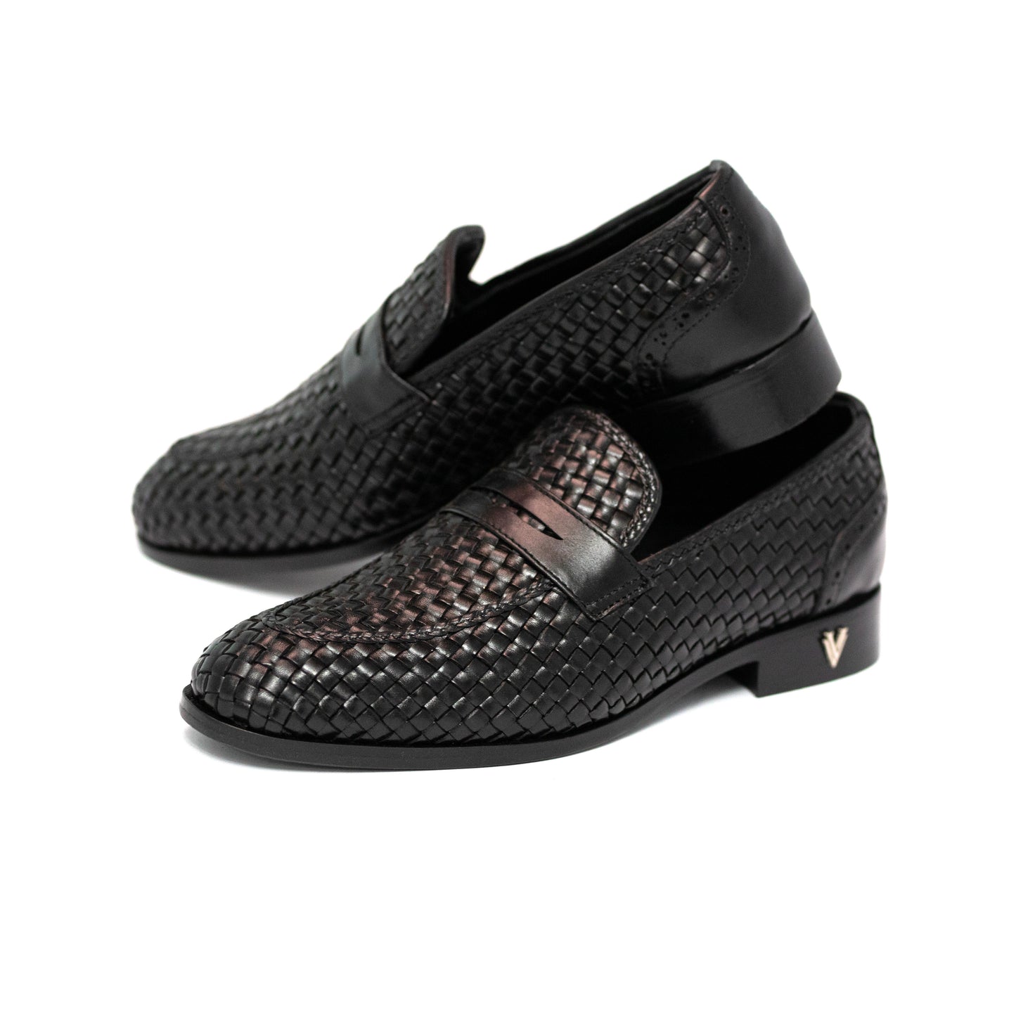 Handmade Black Genuine Woven Leather Slip On Dress Shoes For Men