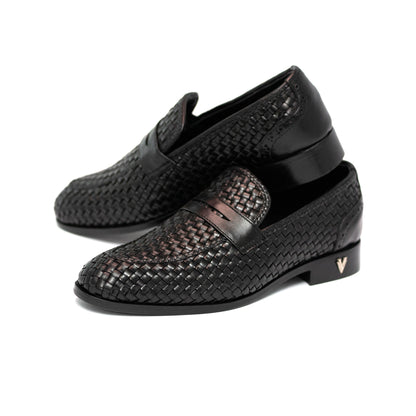 Handmade Black Genuine Woven Leather Slip On Dress Shoes For Men