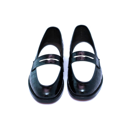 Handmade Croc. Text. Leather Black & White Slip On Dress Shoes For Men