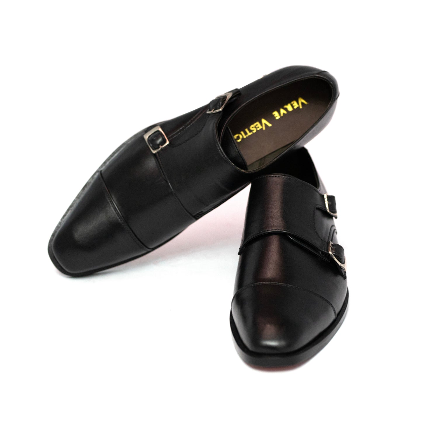 Handmade Black Genuine Leather Double Monk Shoes For Men