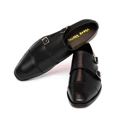 Handmade Black Genuine Leather Double Monk Shoes For Men