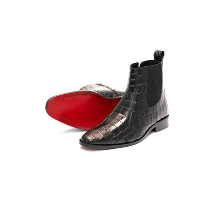 Handmade Leather Croc. Texture Black Boots For Men