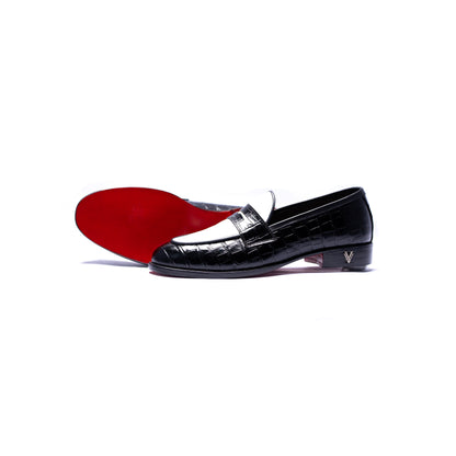 Handmade Croc. Text. Leather Black & White Slip On Dress Shoes For Men