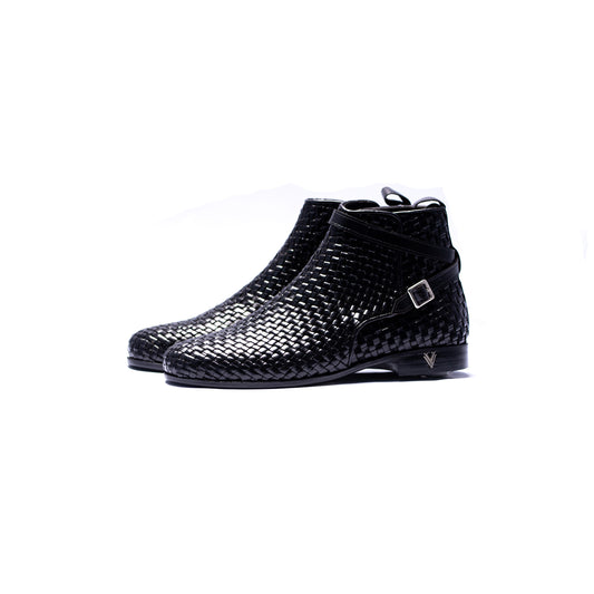 Handmade Black Genuine Woven Leather Boots For Men