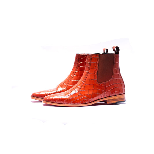 Handmade Leather Croc. Texture Tan Boots For Men