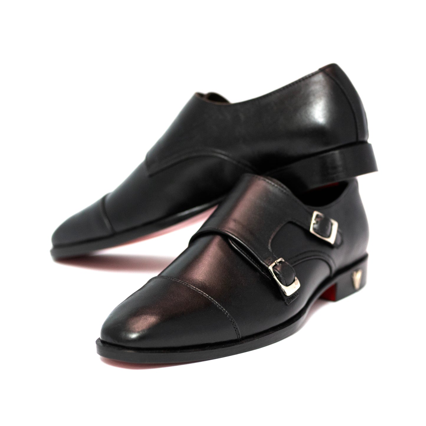 Handmade Black Genuine Leather Double Monk Shoes For Men