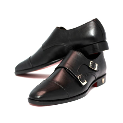 Handmade Black Genuine Leather Double Monk Shoes For Men