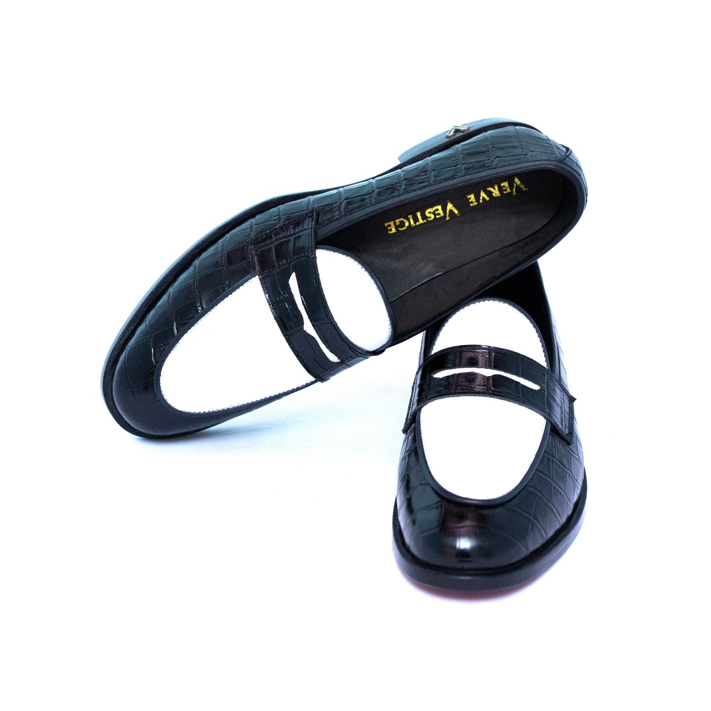 Handmade Croc. Text. Leather Black & White Slip On Dress Shoes For Men