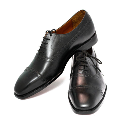 Handmade Leather Black Cap Toe Oxford Shoes For Men