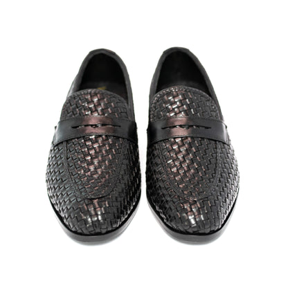 Handmade Black Genuine Woven Leather Slip On Dress Shoes For Men