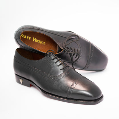 Handmade Leather Black Cap Toe Oxford Shoes For Men