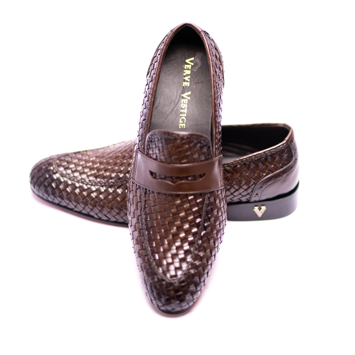 Handmade Brown Genuine Woven Leather Slip On Dress Shoes For Men