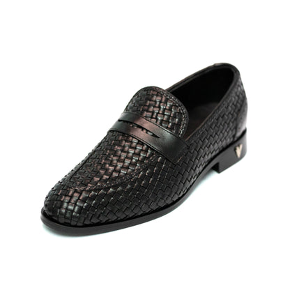 Handmade Black Genuine Woven Leather Slip On Dress Shoes For Men