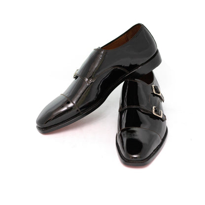 Handmade Black Patent Genuine Leather Double Monk Shoes For Men