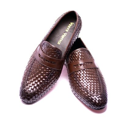 Handmade Brown Genuine Woven Leather Slip On Dress Shoes For Men