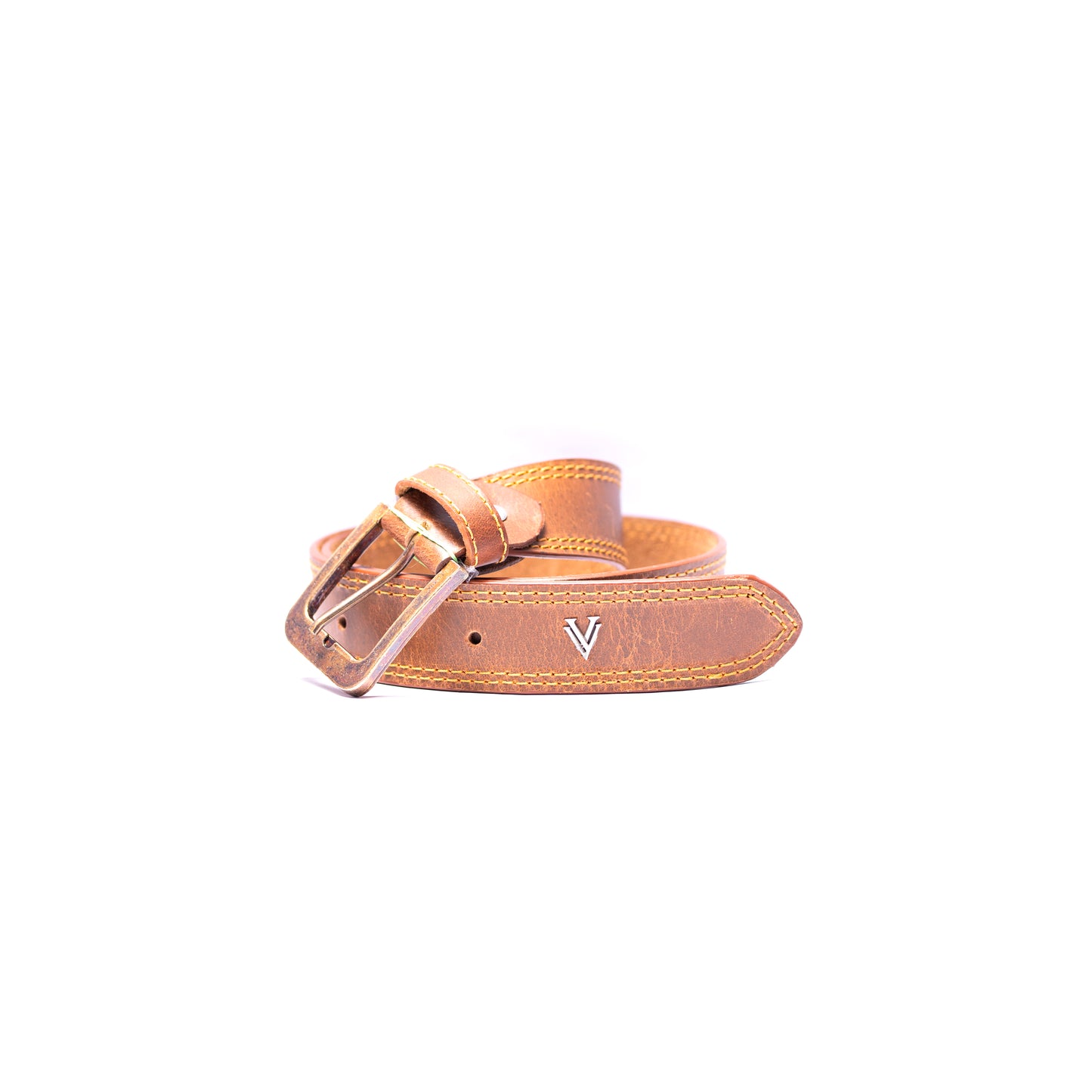 Handmade Leather Tan Belt with Bronze Buckle For Men